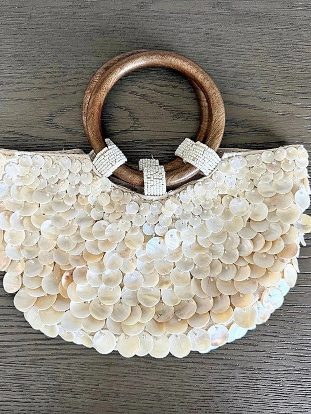 Zara Shell Beaded Wooden Handle Bag Shoulder Bag in Cream & Brown